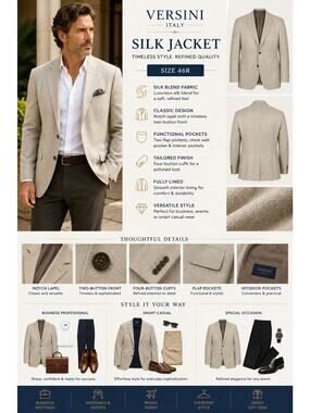 Versini Mens Silk Jacket 46R Tan Beige Sport Coat Luxury Classic Blazer